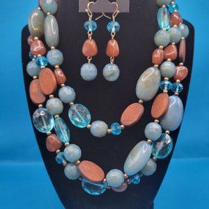 Triple Strand Turquoise and Brown Beaded Necklace with matching Earrings